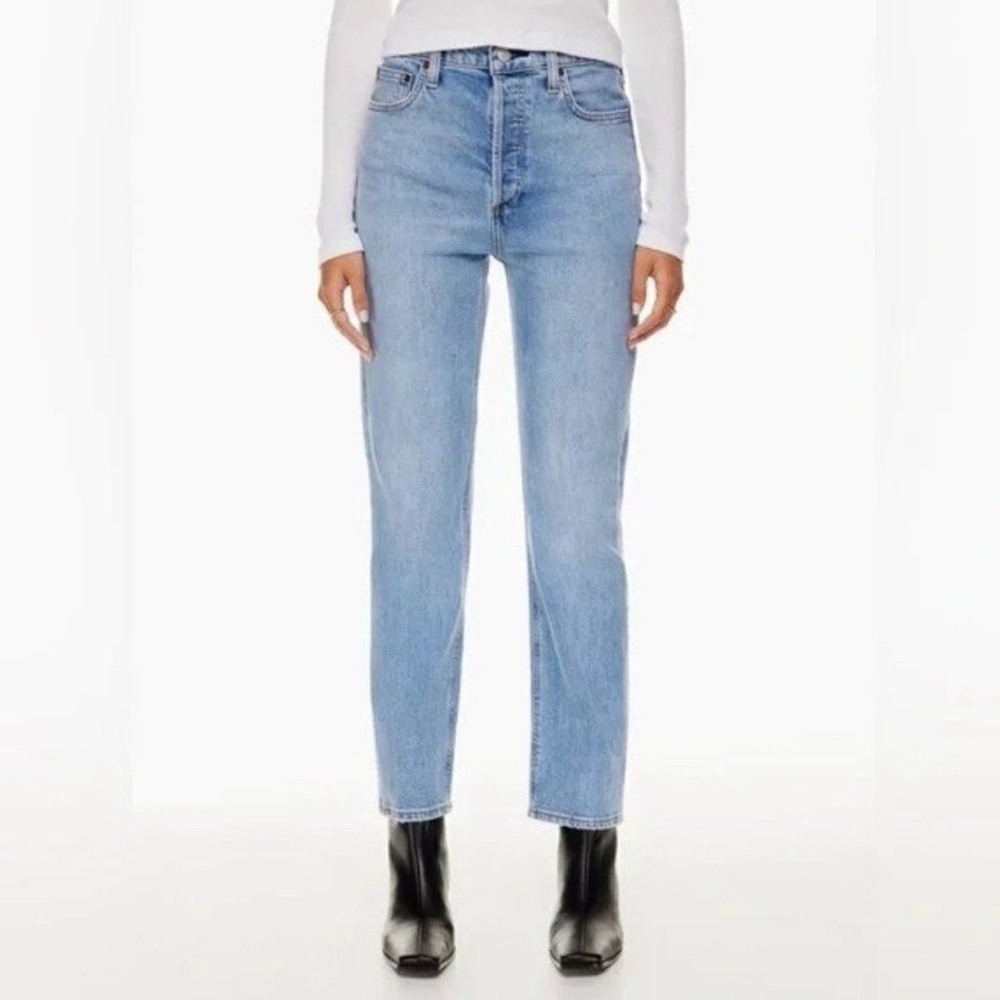 Denim Forum The Arlo High Rise Straight Jean Light Blue Denim 31 W 28 L